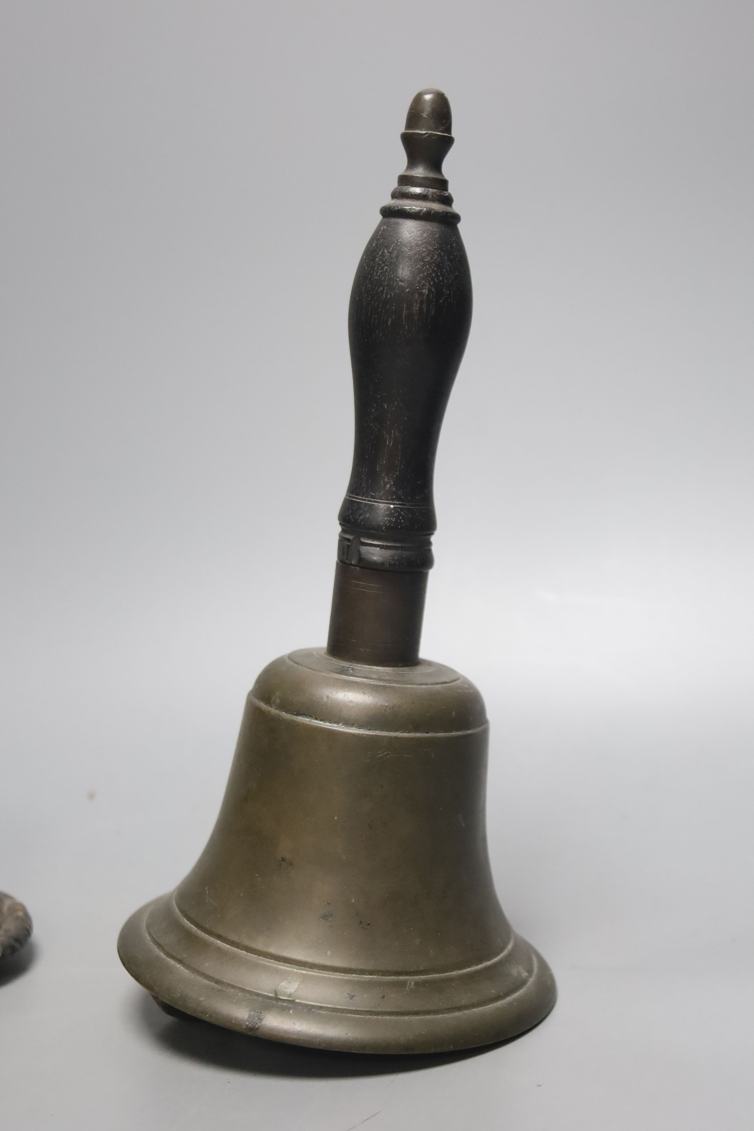A brass handbell, iron donkey matchbox holder plus cloisonné matchbox cover. Bell, 23cms high.
